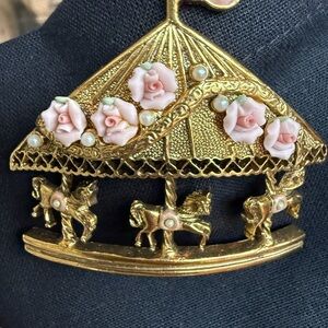 Vintage Gold Carousel Brooch with Porcelain Pink Roses and pearls